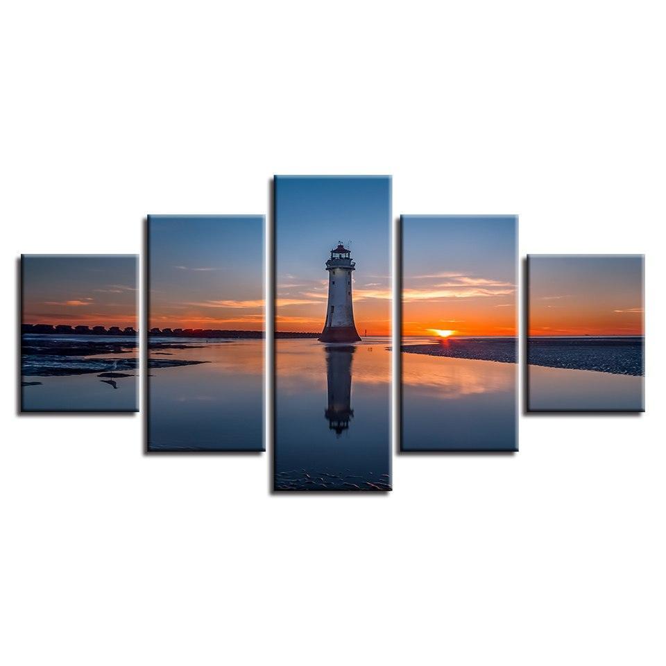 Sun Lighthouse Seaview 5 Piece HD Multi Panel Canvas Wall Art Frame-Original Frame