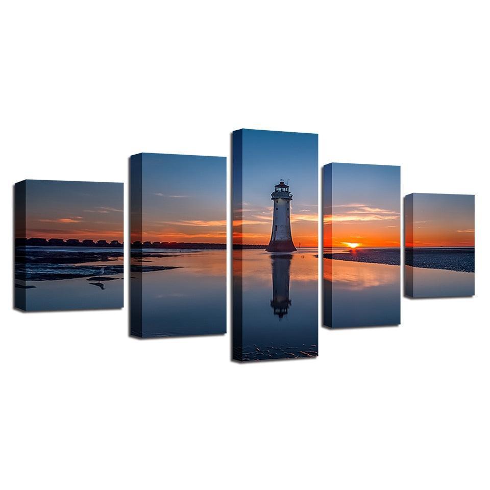 Sun Lighthouse Seaview 5 Piece HD Multi Panel Canvas Wall Art Frame-Original Frame