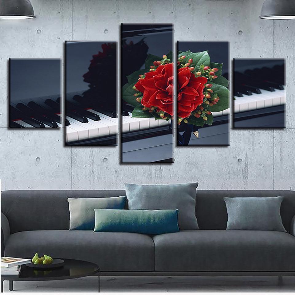 Flower And Piano 5 Piece HD Multi Panel Canvas Wall Art Frame-Original Frame