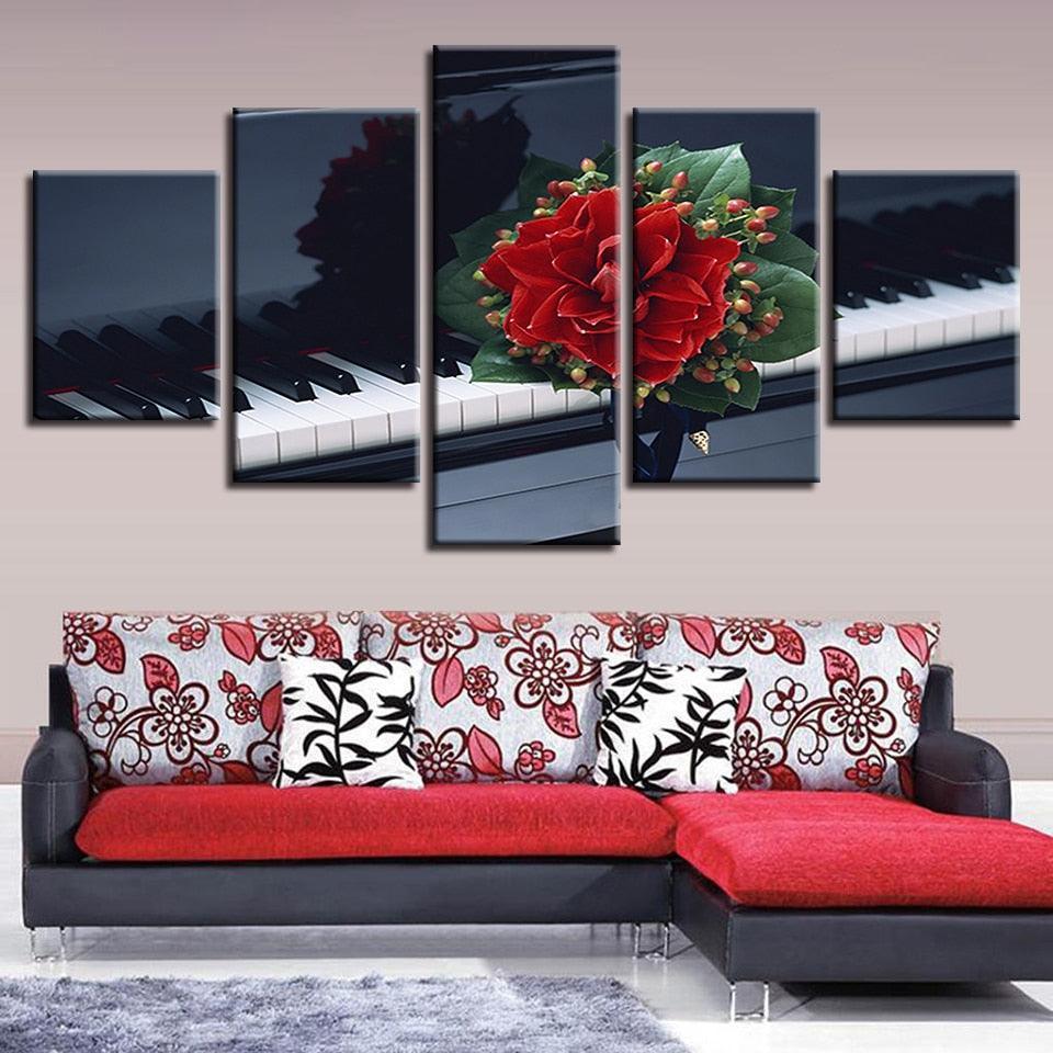 Flower And Piano 5 Piece HD Multi Panel Canvas Wall Art Frame-Original Frame