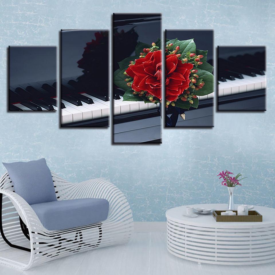 Flower And Piano 5 Piece HD Multi Panel Canvas Wall Art Frame-Original Frame