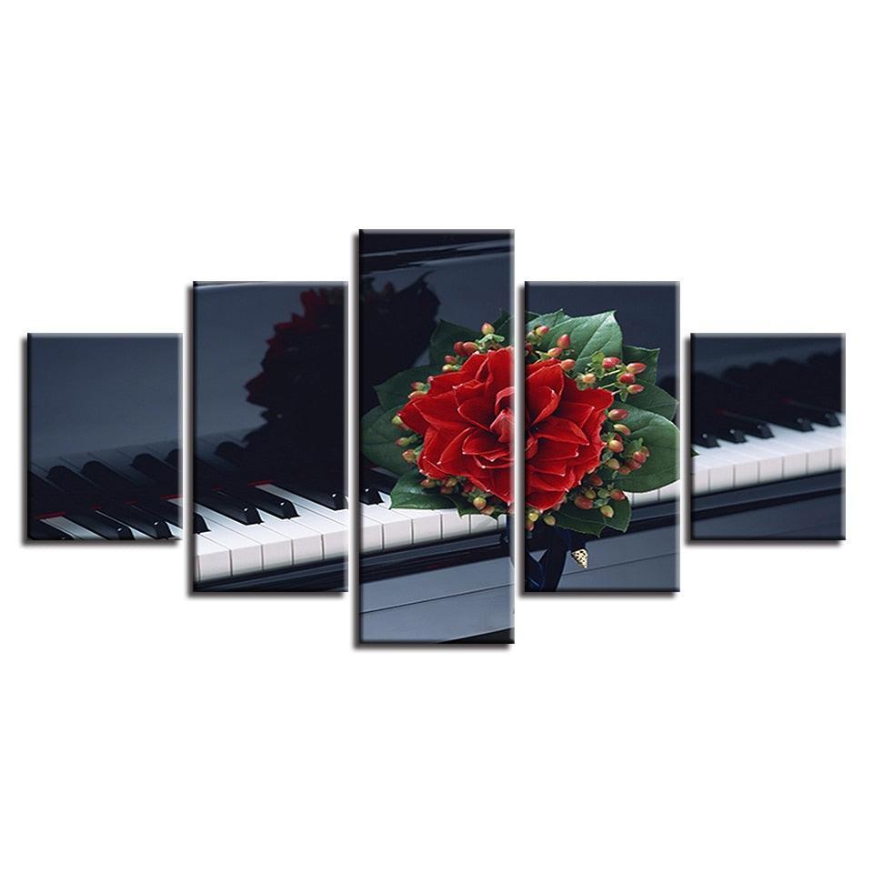 Flower And Piano 5 Piece HD Multi Panel Canvas Wall Art Frame-Original Frame