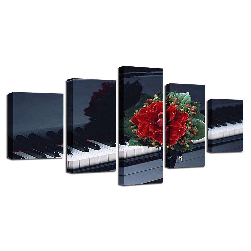 Flower And Piano 5 Piece HD Multi Panel Canvas Wall Art Frame-Original Frame