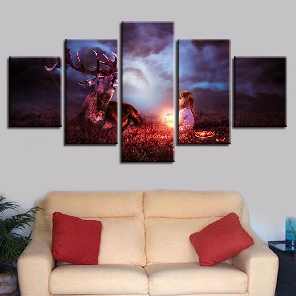 Lantern Child With A Deer 5 Piece HD Multi Panel Canvas Wall Art Frame-Original Frame