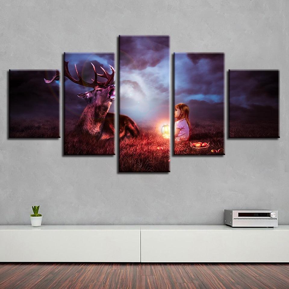 Lantern Child With A Deer 5 Piece HD Multi Panel Canvas Wall Art Frame-Original Frame