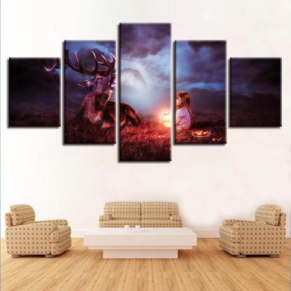 Lantern Child With A Deer 5 Piece HD Multi Panel Canvas Wall Art Frame-Original Frame