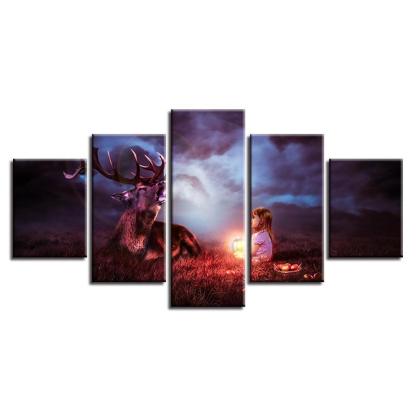 Lantern Child With A Deer 5 Piece HD Multi Panel Canvas Wall Art Frame-Original Frame