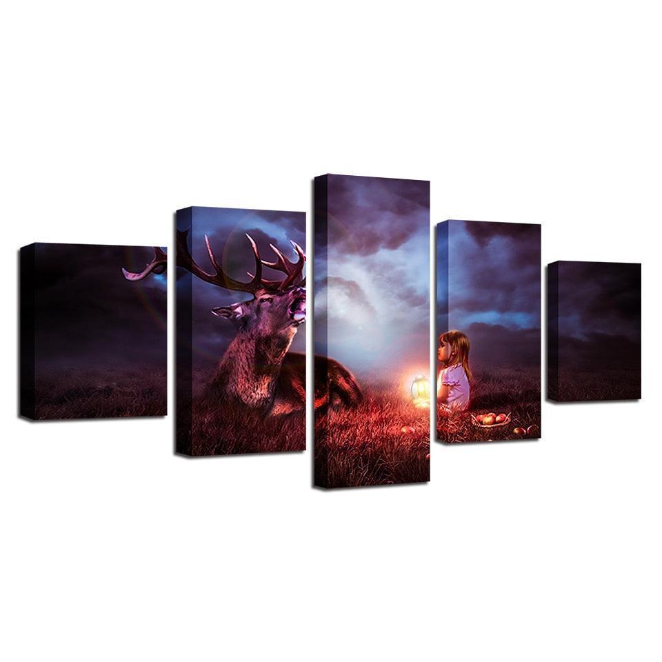 Lantern Child With A Deer 5 Piece HD Multi Panel Canvas Wall Art Frame-Original Frame