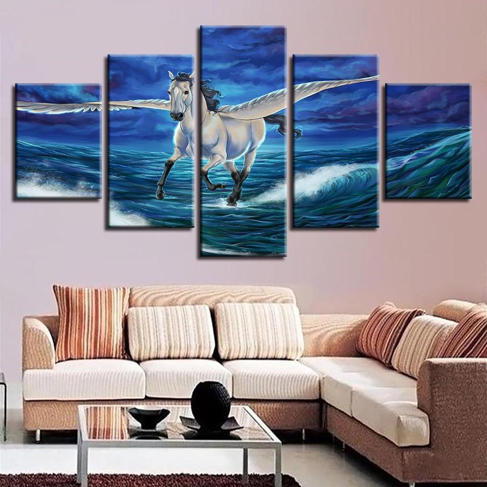 Wave Pegasus Seascape 5 Piece HD Multi Panel Canvas Wall Art Frame-Original Frame