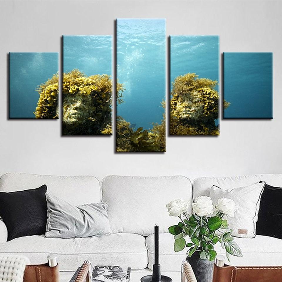 Coral Reef Stone Statue 5 Piece HD Multi Panel Canvas Wall Art Frame-Original Frame