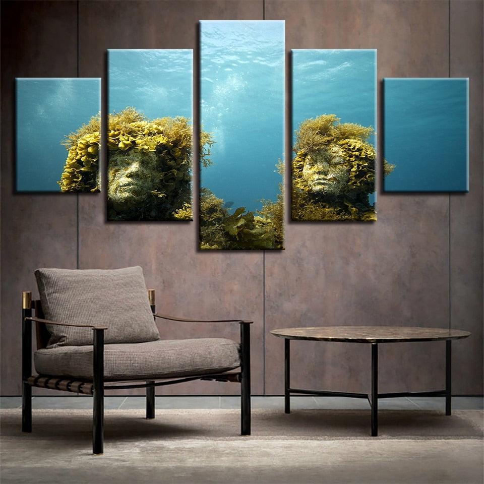 Coral Reef Stone Statue 5 Piece HD Multi Panel Canvas Wall Art Frame-Original Frame