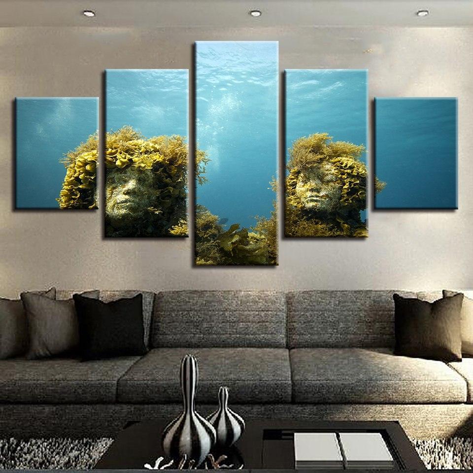 Coral Reef Stone Statue 5 Piece HD Multi Panel Canvas Wall Art Frame-Original Frame