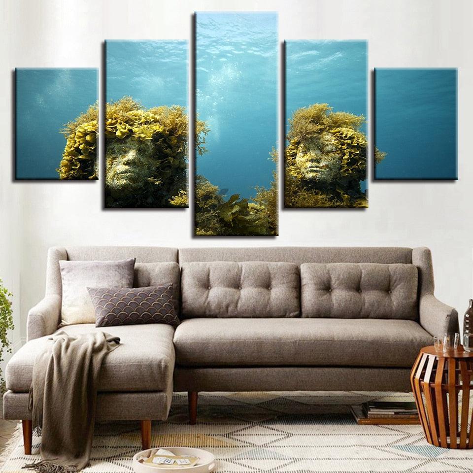 Coral Reef Stone Statue 5 Piece HD Multi Panel Canvas Wall Art Frame-Original Frame