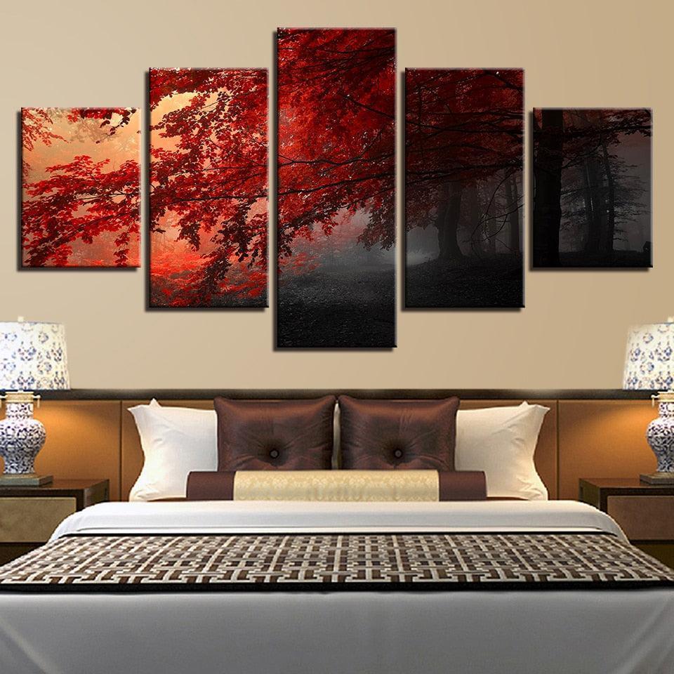 Red Trees Forest 5 Piece HD Multi Panel Canvas Wall Art Frame-Original Frame