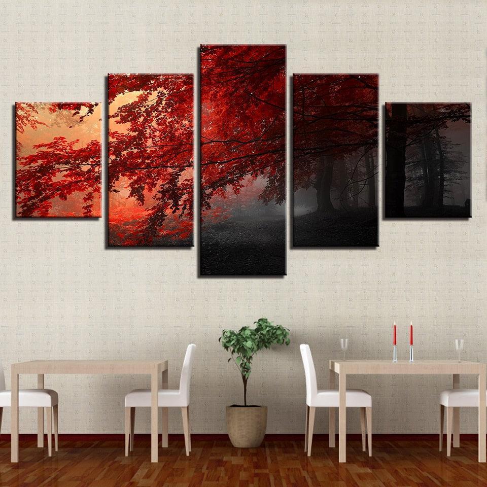 Red Trees Forest 5 Piece HD Multi Panel Canvas Wall Art Frame-Original Frame