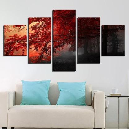 Red Trees Forest 5 Piece HD Multi Panel Canvas Wall Art Frame-Original Frame