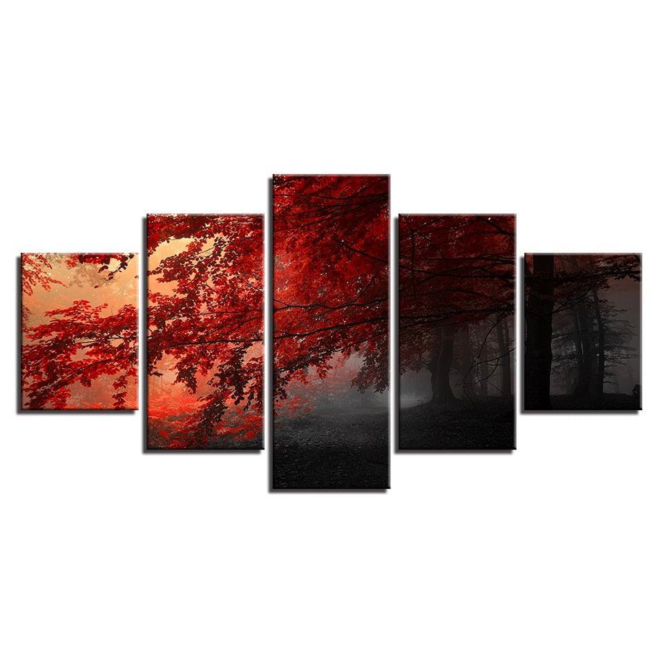 Red Trees Forest 5 Piece HD Multi Panel Canvas Wall Art Frame-Original Frame