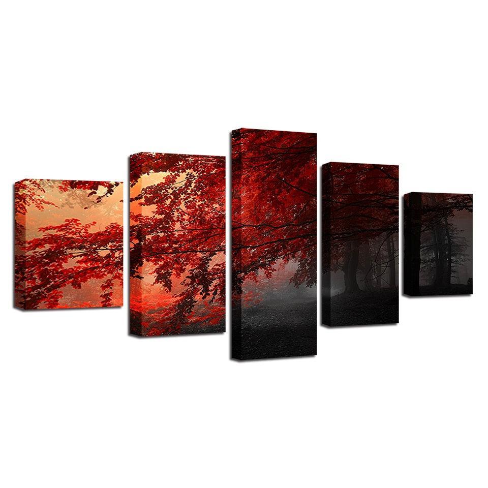 Red Trees Forest 5 Piece HD Multi Panel Canvas Wall Art Frame-Original Frame