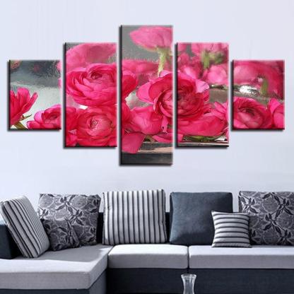 Pink Roses Flowers 5 Piece HD Multi Panel Canvas Wall Art-Original Frame