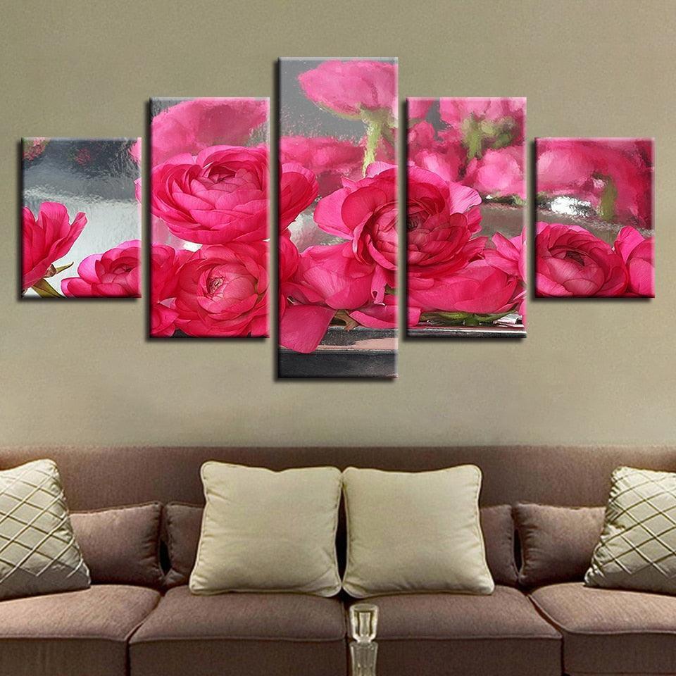 Pink Roses Flowers 5 Piece HD Multi Panel Canvas Wall Art-Original Frame