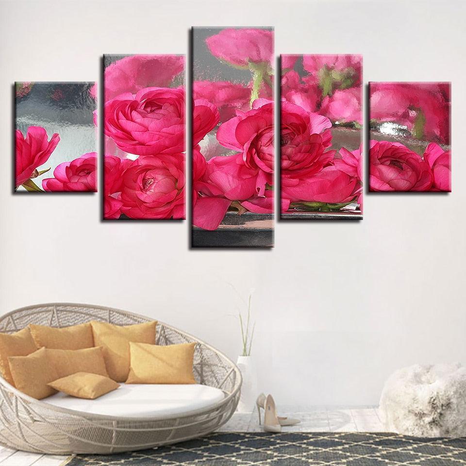 Pink Roses Flowers 5 Piece HD Multi Panel Canvas Wall Art-Original Frame