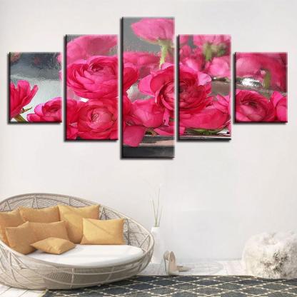 Pink Roses Flowers 5 Piece HD Multi Panel Canvas Wall Art-Original Frame