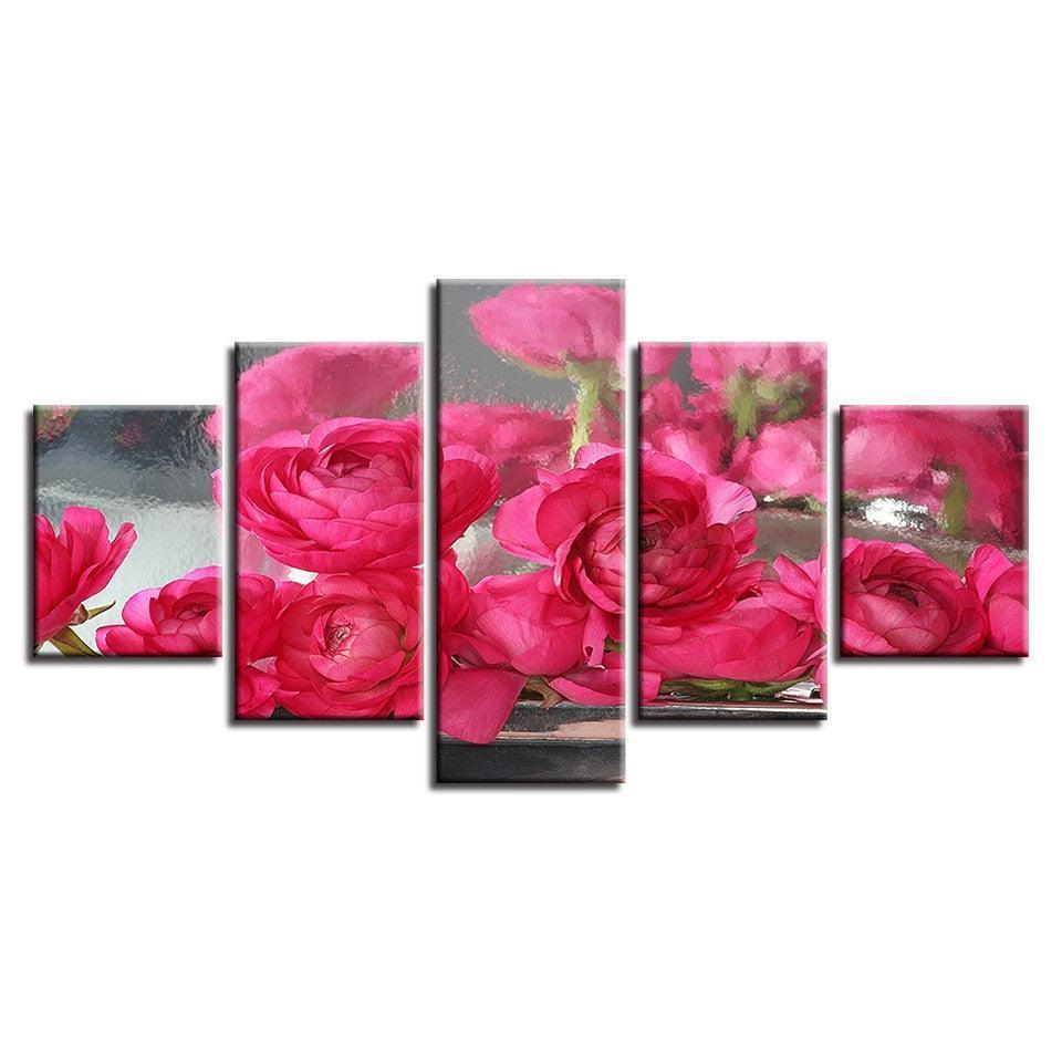 Pink Roses Flowers 5 Piece HD Multi Panel Canvas Wall Art-Original Frame