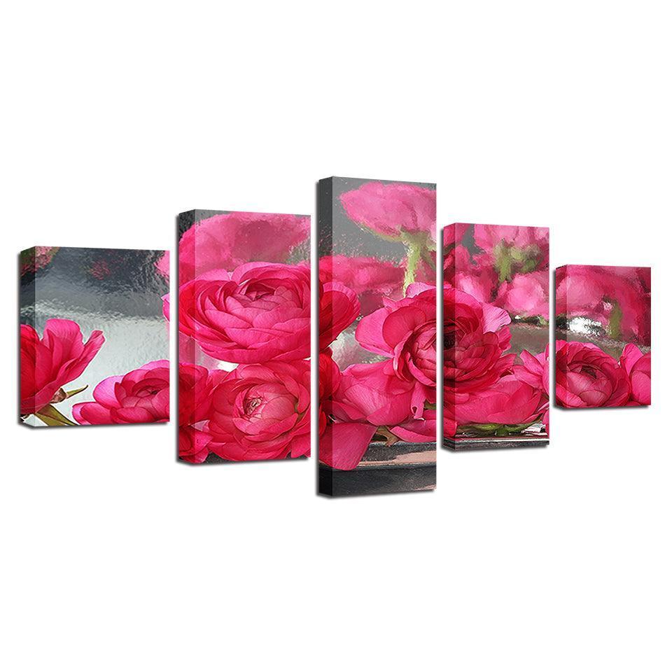 Pink Roses Flowers 5 Piece HD Multi Panel Canvas Wall Art-Original Frame