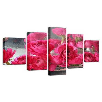 Pink Roses Flowers 5 Piece HD Multi Panel Canvas Wall Art-Original Frame