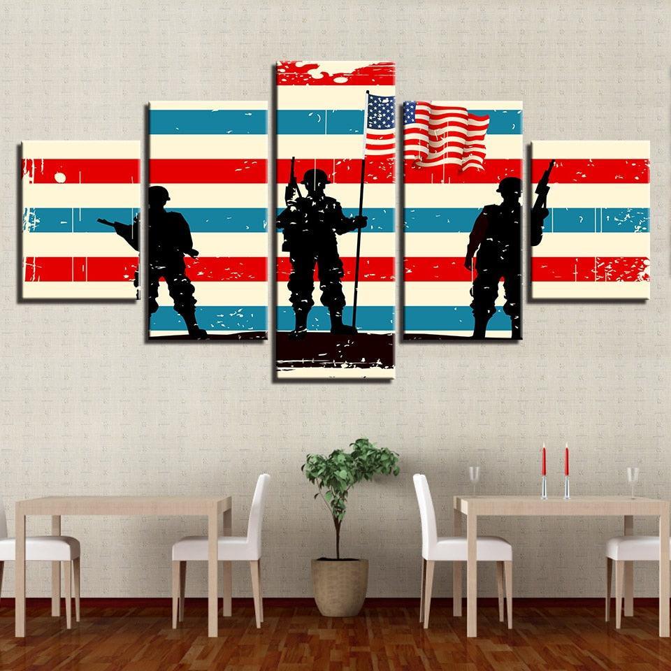 American Flag Soldier 5 Piece HD Multi Panel Canvas Wall Art Frame-Original Frame