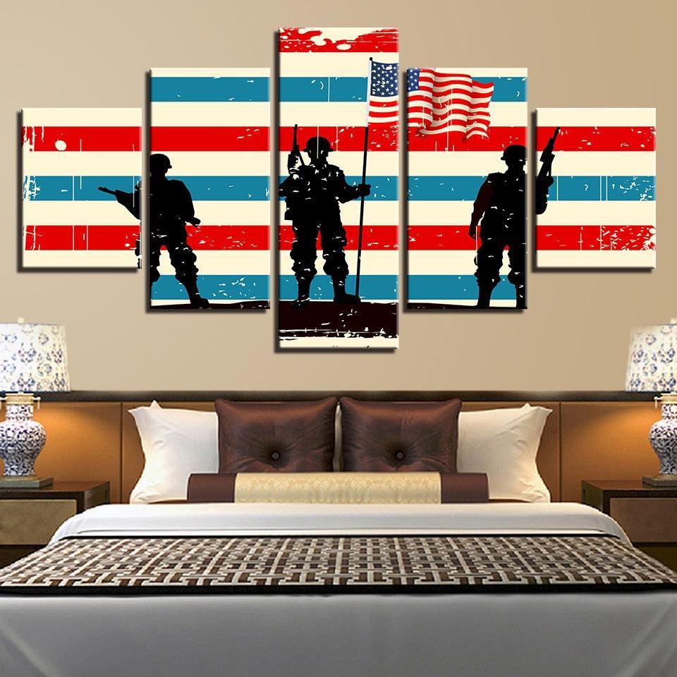 American Flag Soldier 5 Piece HD Multi Panel Canvas Wall Art Frame-Original Frame