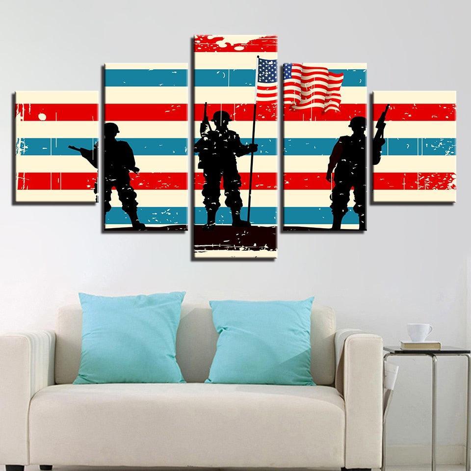 American Flag Soldier 5 Piece HD Multi Panel Canvas Wall Art Frame-Original Frame