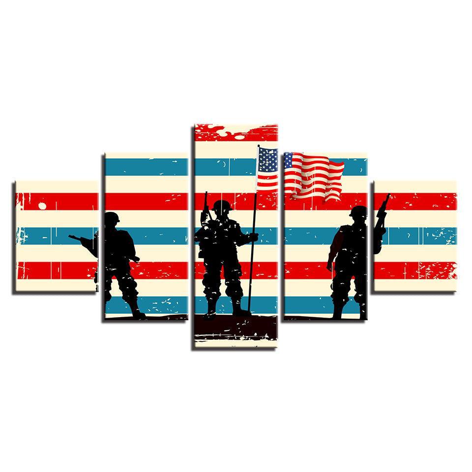 American Flag Soldier 5 Piece HD Multi Panel Canvas Wall Art Frame-Original Frame
