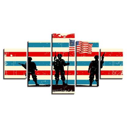 American Flag Soldier 5 Piece HD Multi Panel Canvas Wall Art Frame-Original Frame