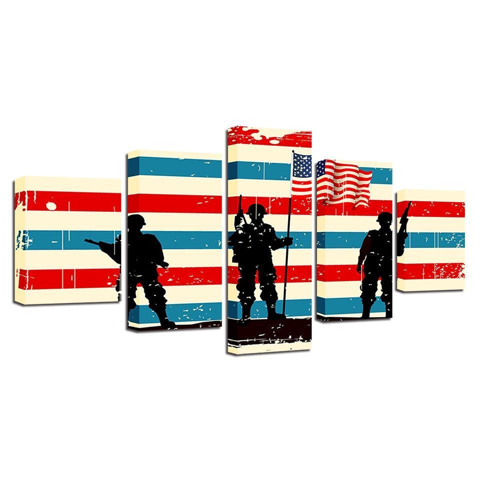 American Flag Soldier 5 Piece HD Multi Panel Canvas Wall Art Frame-Original Frame