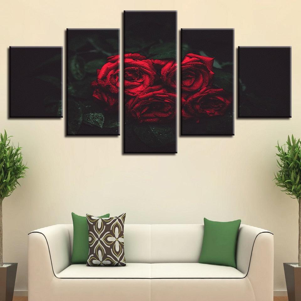 Red And Black Rose Flowers 5 Piece HD Multi Panel Canvas Wall Art Frame-Original Frame