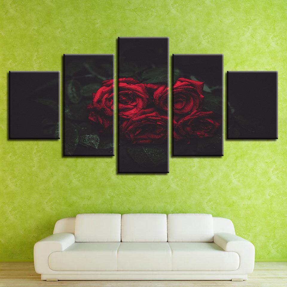 Red And Black Rose Flowers 5 Piece HD Multi Panel Canvas Wall Art Frame-Original Frame