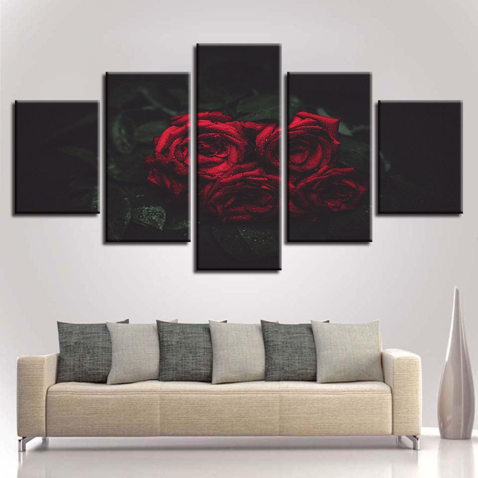 Red And Black Rose Flowers 5 Piece HD Multi Panel Canvas Wall Art Frame-Original Frame