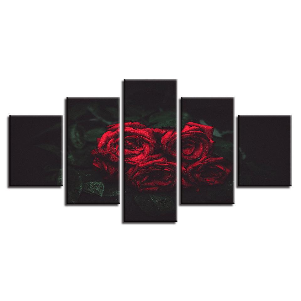 Red And Black Rose Flowers 5 Piece HD Multi Panel Canvas Wall Art Frame-Original Frame