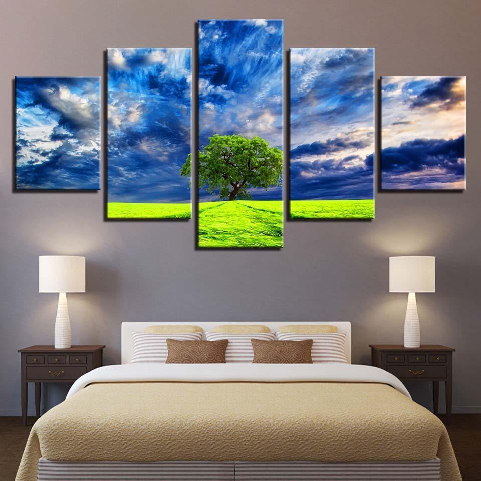 Blue Sky Tree 5 Piece HD Multi Panel Canvas Wall Art Frame-Original Frame