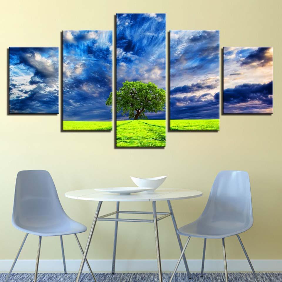 Blue Sky Tree 5 Piece HD Multi Panel Canvas Wall Art Frame-Original Frame