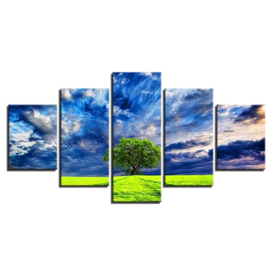 Blue Sky Tree 5 Piece HD Multi Panel Canvas Wall Art Frame-Original Frame
