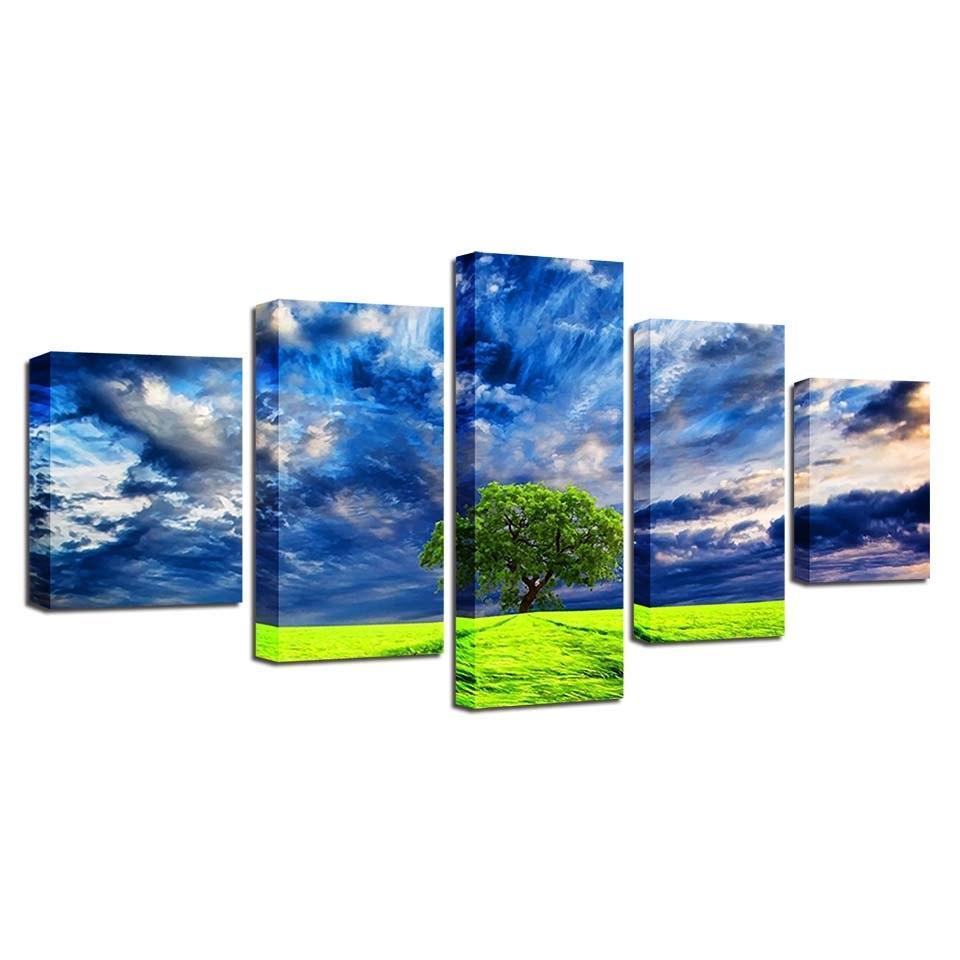 Blue Sky Tree 5 Piece HD Multi Panel Canvas Wall Art Frame-Original Frame