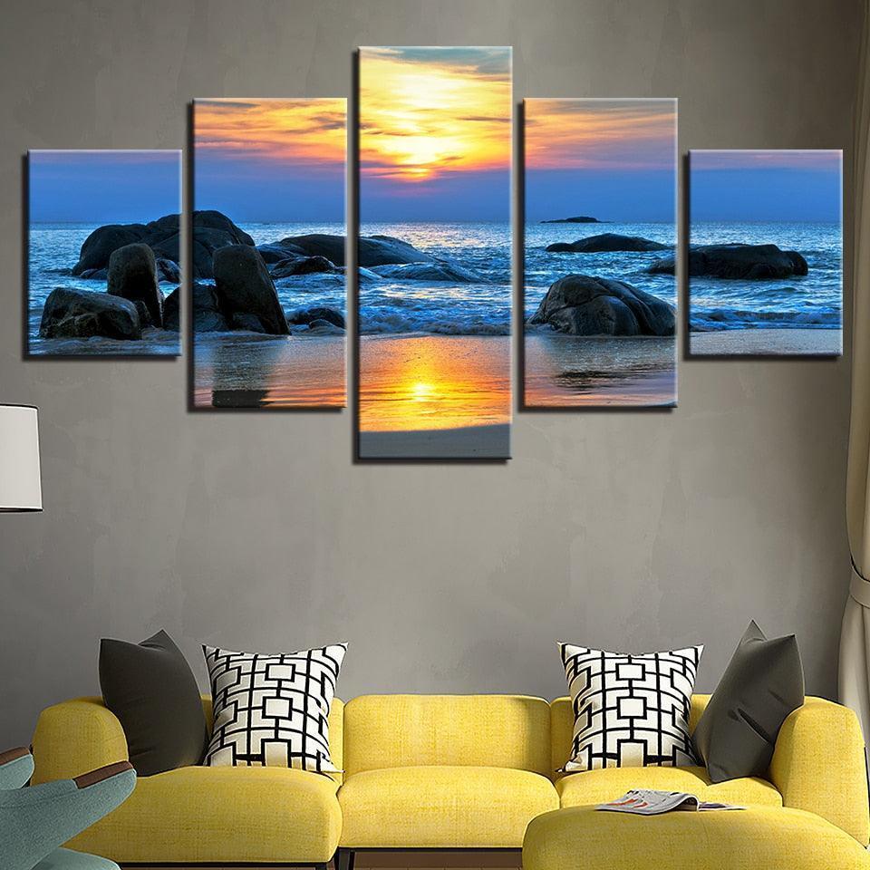 Sunrise at The Beach 5 Piece HD Multi Panel Canvas Wall Art Frame-Original Frame