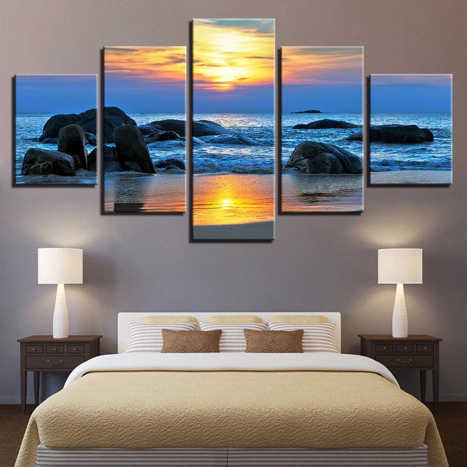 Sunrise at The Beach 5 Piece HD Multi Panel Canvas Wall Art Frame-Original Frame