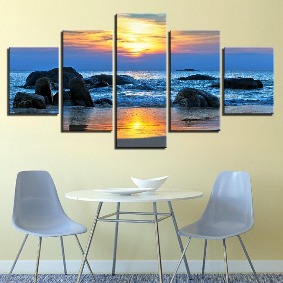 Sunrise at The Beach 5 Piece HD Multi Panel Canvas Wall Art Frame-Original Frame