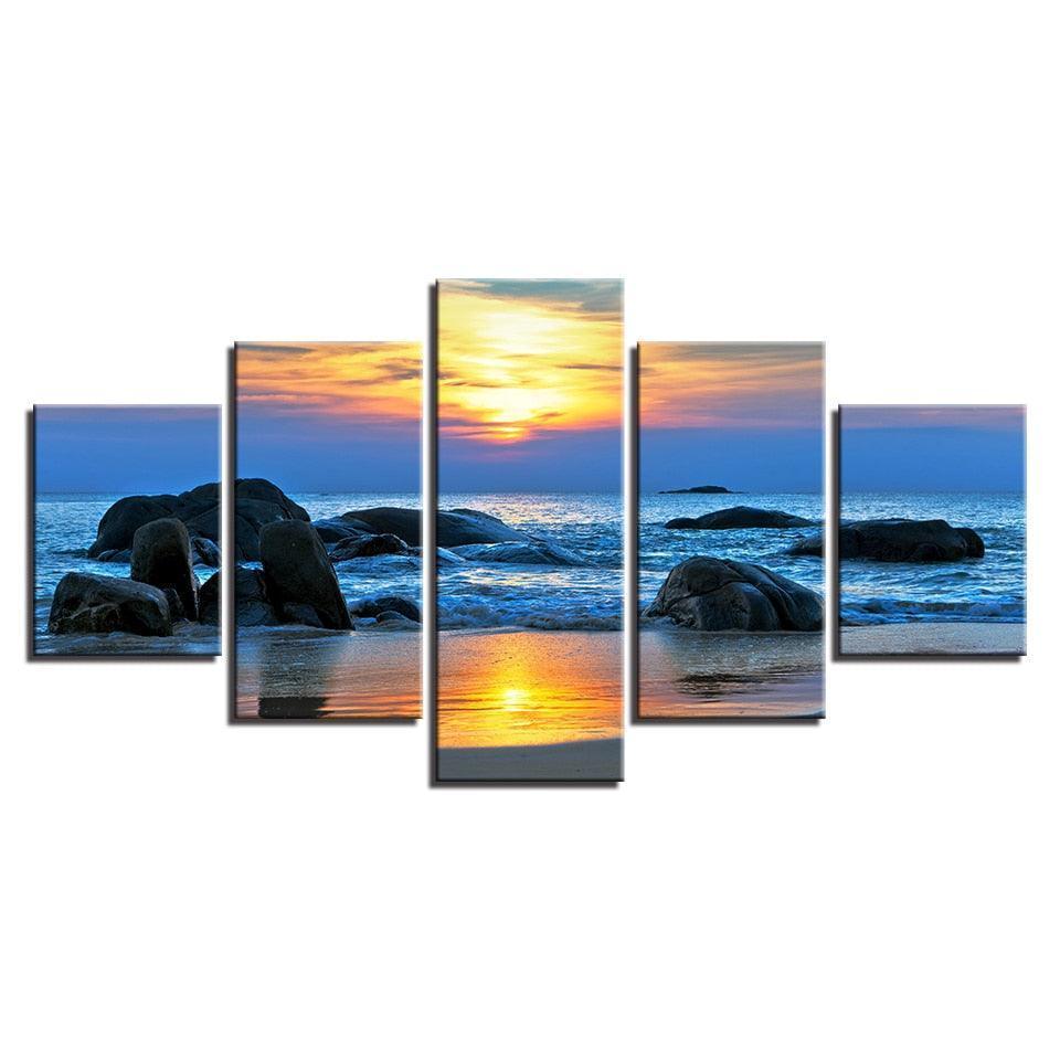 Sunrise at The Beach 5 Piece HD Multi Panel Canvas Wall Art Frame-Original Frame