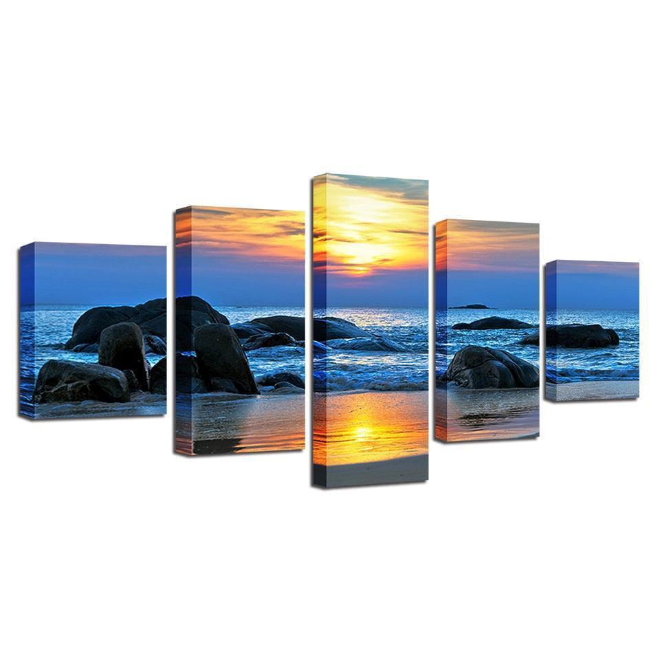 Sunrise at The Beach 5 Piece HD Multi Panel Canvas Wall Art Frame-Original Frame