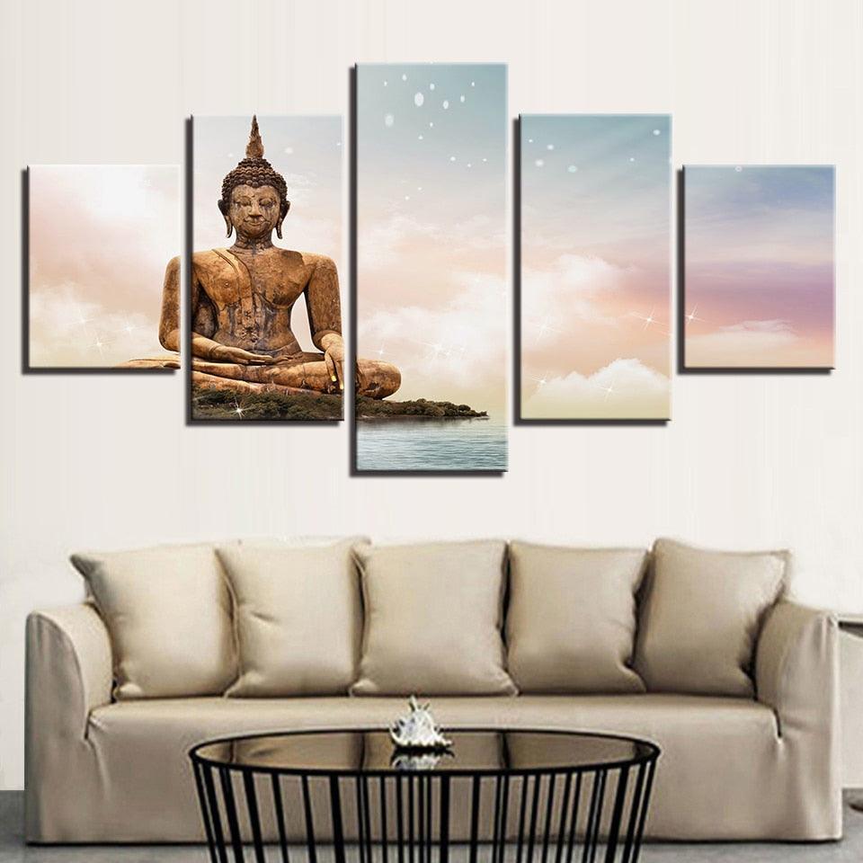Statue Of Buddha 5 Piece HD Multi Panel Canvas Wall Art Frame-Original Frame