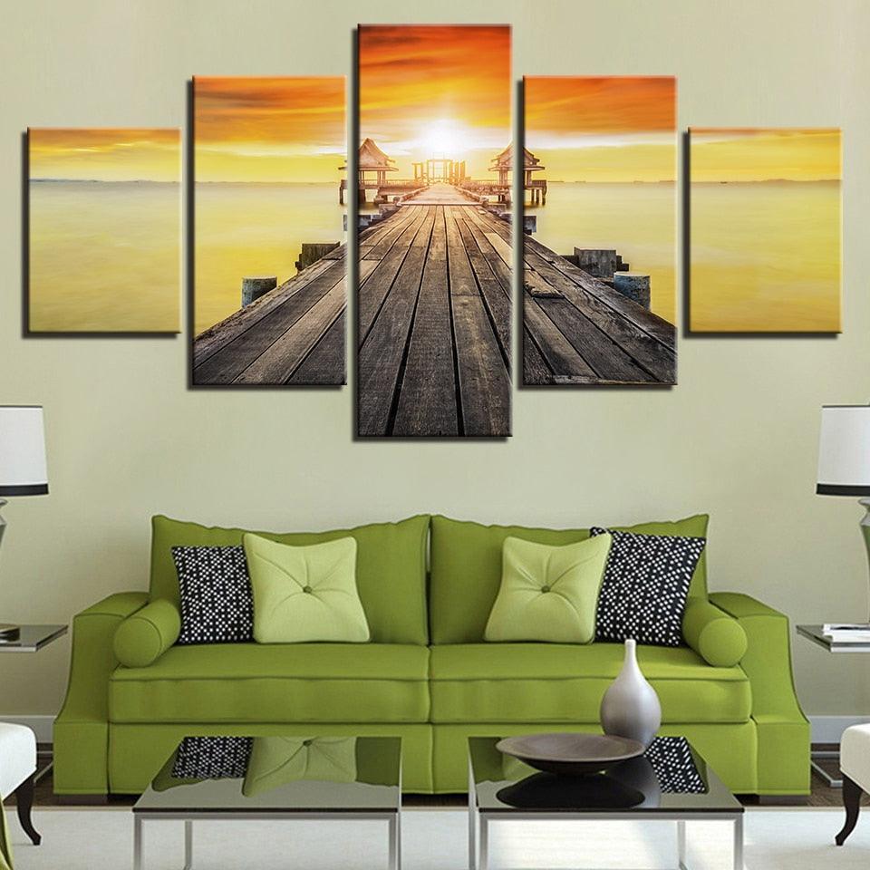 Sunset Lake Landscape 5 Piece HD Multi Panel Canvas Wall Art Frame-Original Frame